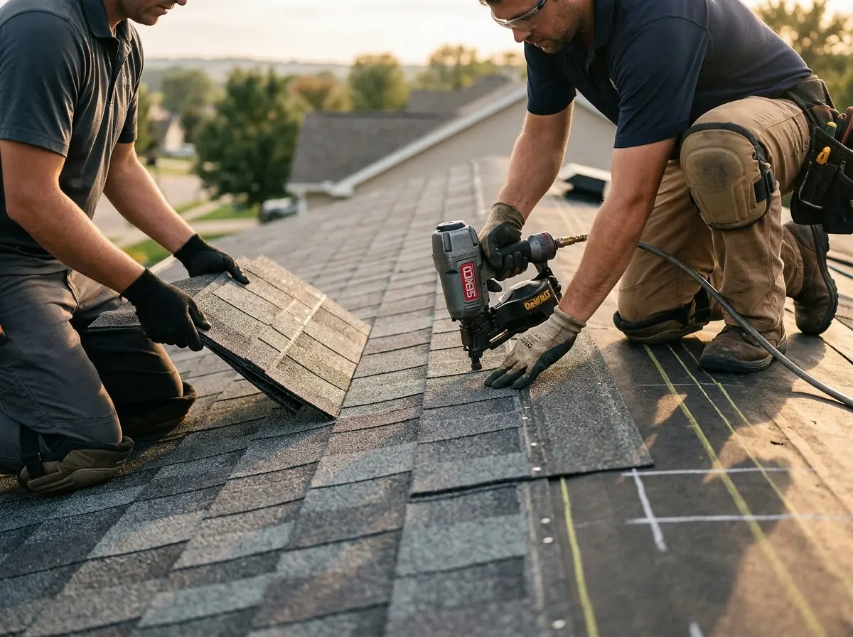 Professional roofer working on a residential roof in Hartselle